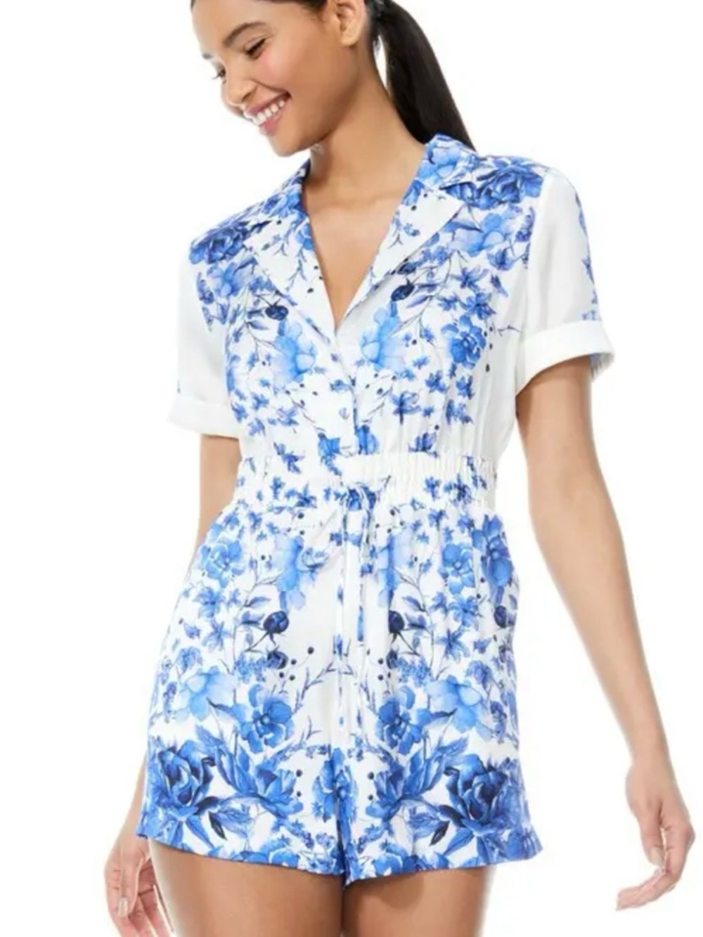 Alice + Olivia Leighton Romper with Blue Floral Print
